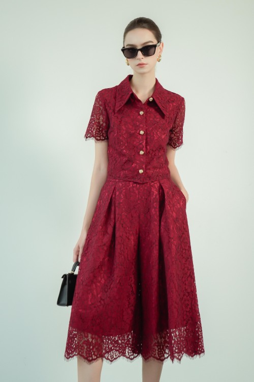 Sixdo Dark Red Lace Culottes